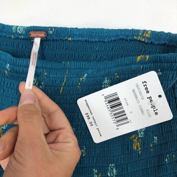 NWT Free People Blue Lana Off the Shoulder Smocked Babydoll Top Size Small S - Picture 6 of 8